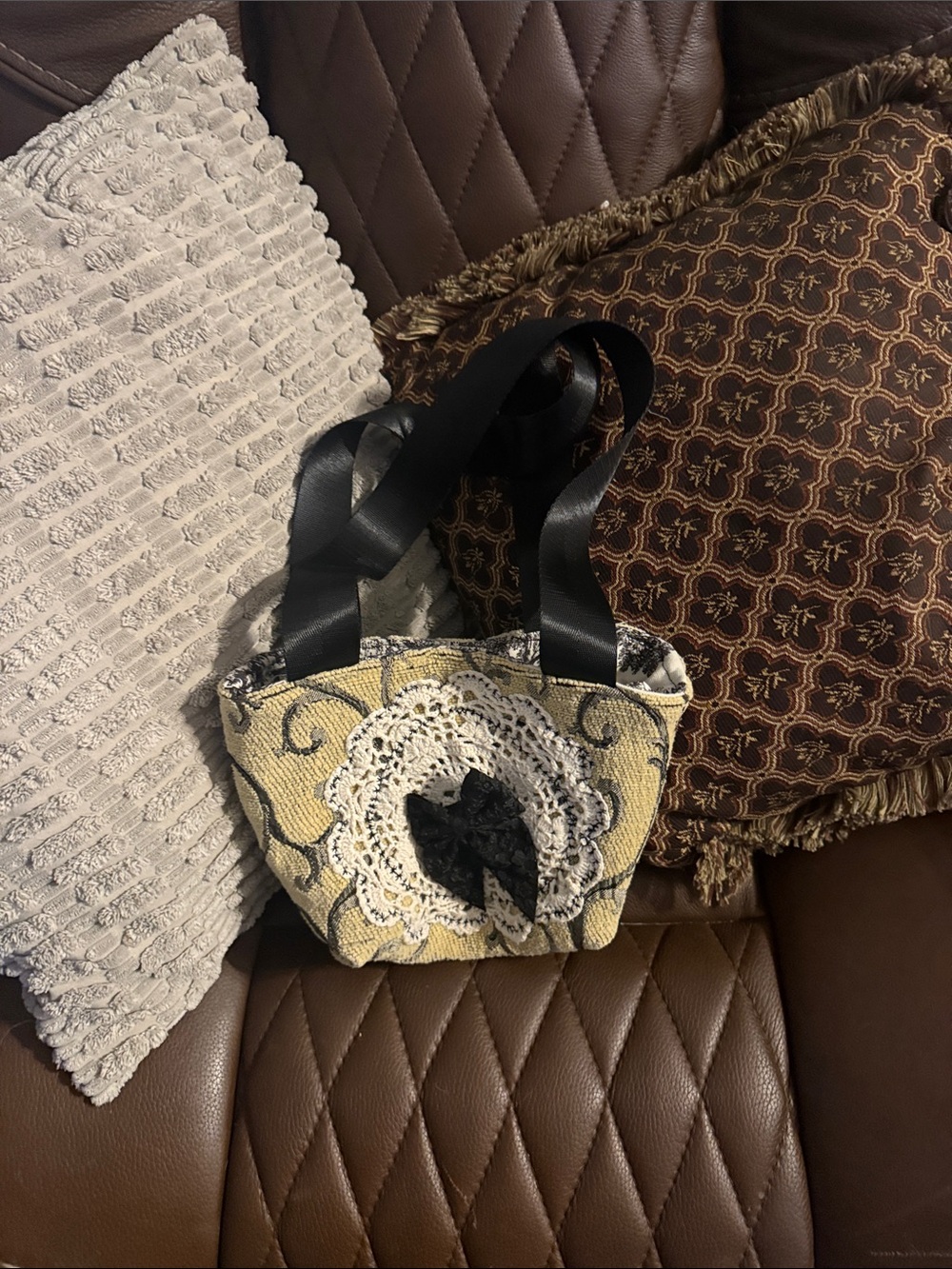 Vintage-Inspired Yellow Mini Tote with Black Ribbon Handles